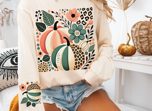 Front - Sleeve Fall Floral Pumpkins Long Sleeve  T-Shirt